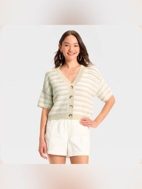 Women's Short Sleeve Button-Front Cardigan - Universal Thread™ Cream Striped L